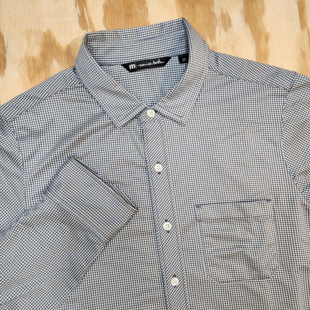 Travis Mathew Shirt Mens Large Blue Micro Plaid Long Sleeve Button Up Stretch